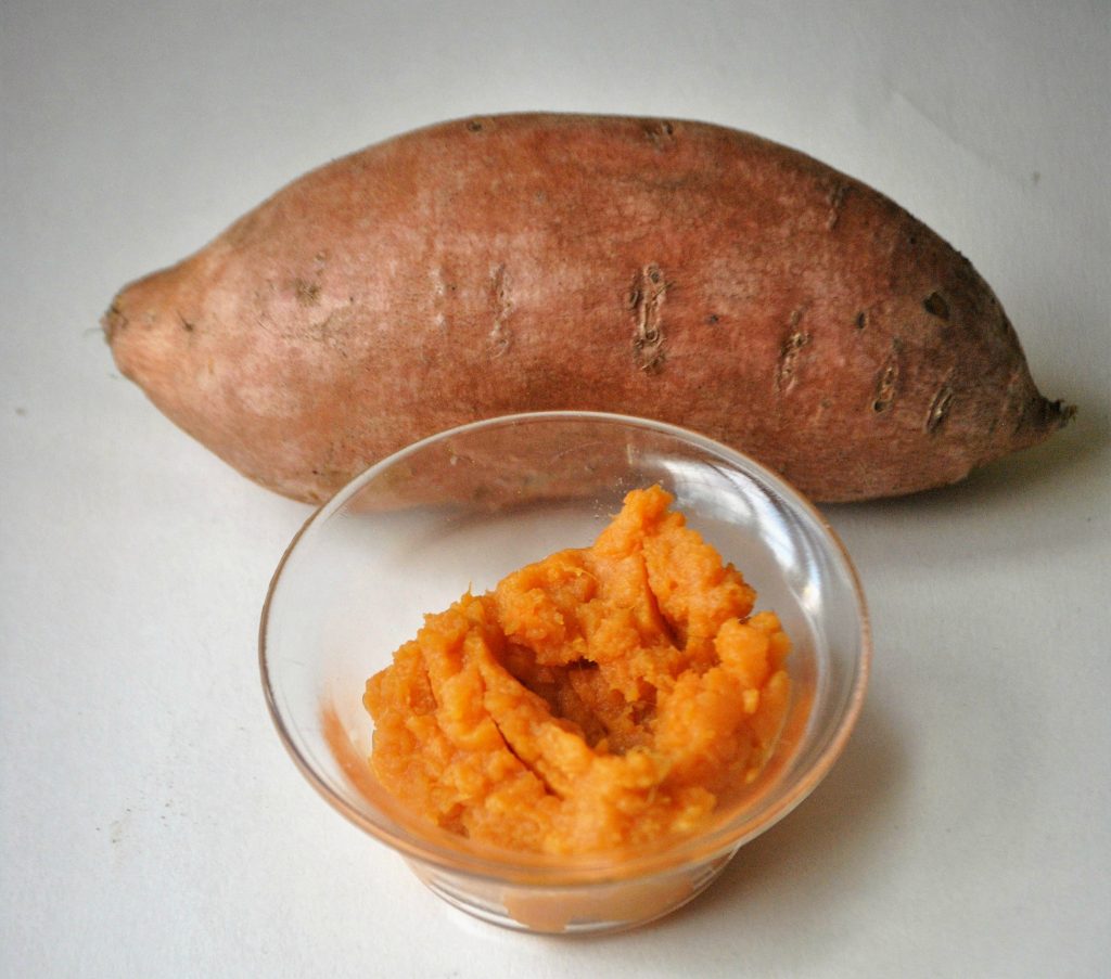 Mashed sweet potatoes are a great treat for dog's digestion because they are high in dietary fiber, are low in fat and contain vitamin B6, vitamin C, and manganese.