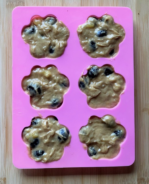 frozen blueberry dog treats in silicone paw mold
