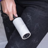 Woman cleans clothes with clothes roller, lint roller or sticky roller. Cleaning pets hair on the clothes.