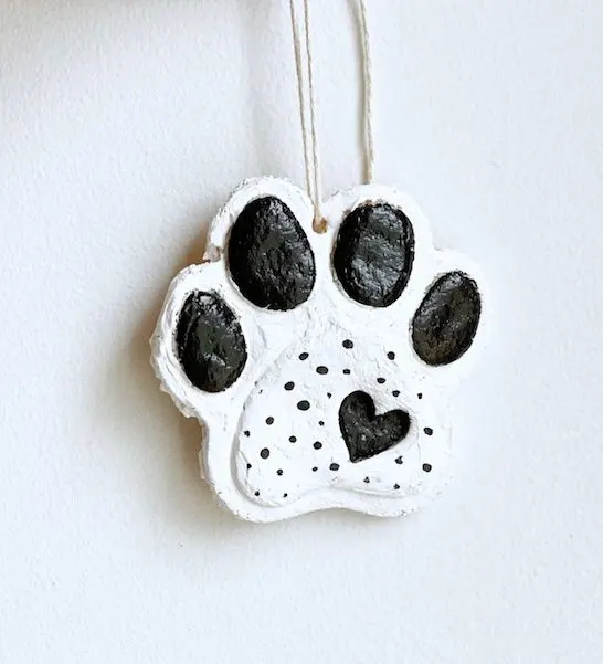 black and white homemade paw print ornament