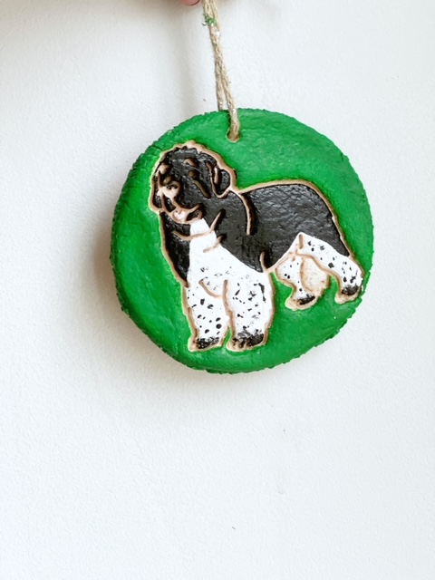 black and white Newfoundland dog homemade ornament with cookie cutter