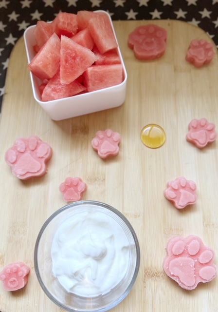ingredients for frozen watermelon dog treats including seedless watermelon, Greek yogurt and honey