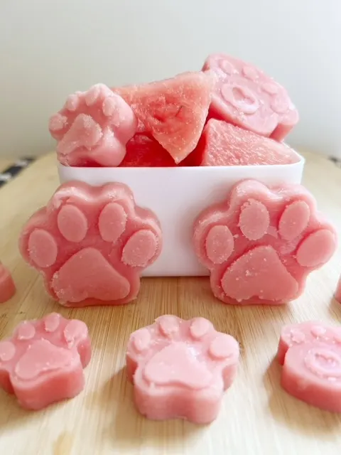frozen watermelon dog treats in paw shaped silicone mold