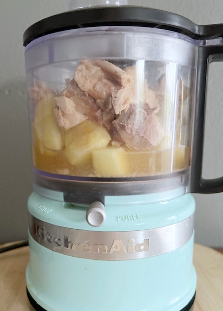 canned salmon, apple and bone broth in blender